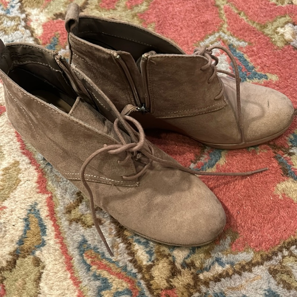 Wedge heel faux suede bootie - camel - size 8
